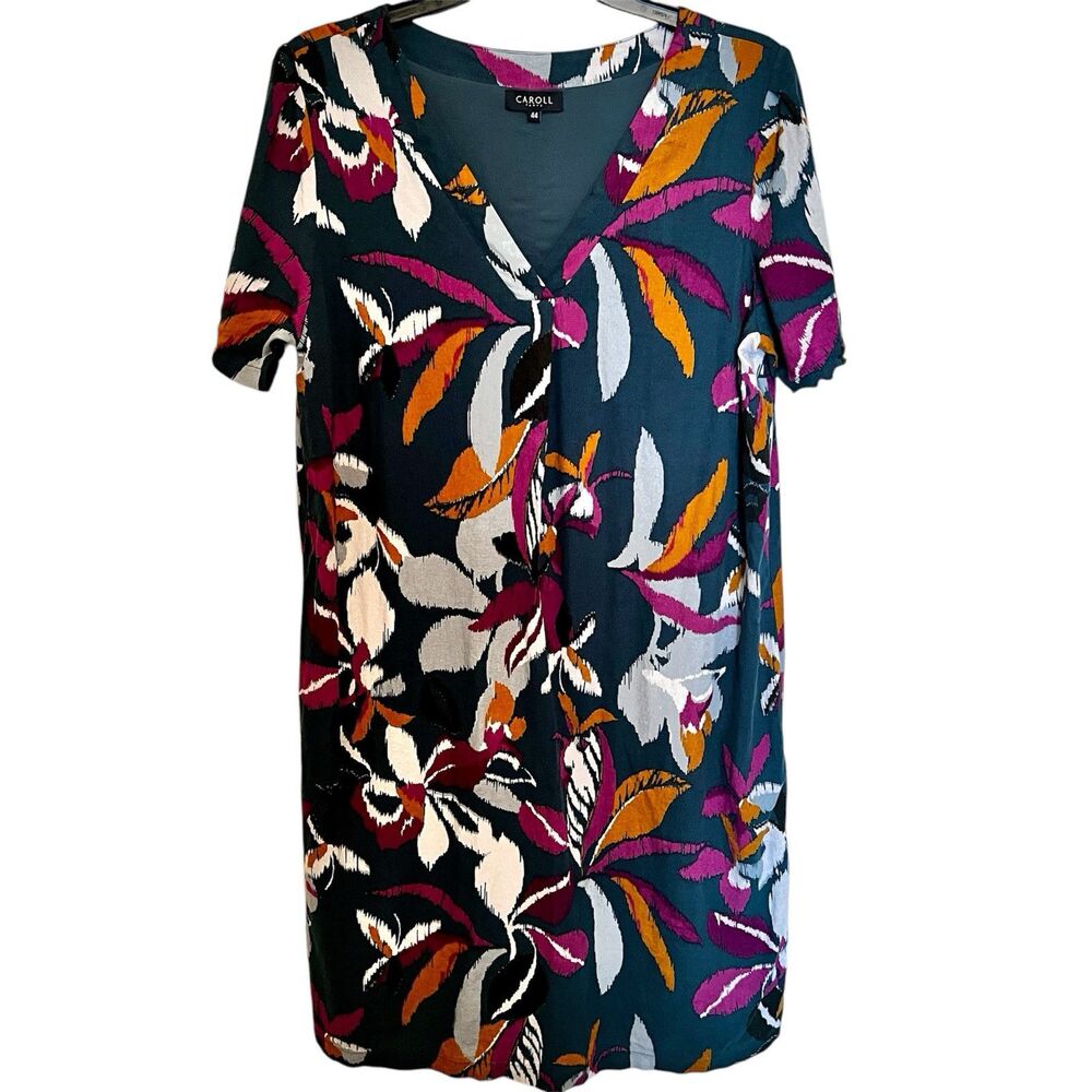 Caroll Paris Green Floral Linen Dress Size 12 V-neck  Lined Short Sleeves